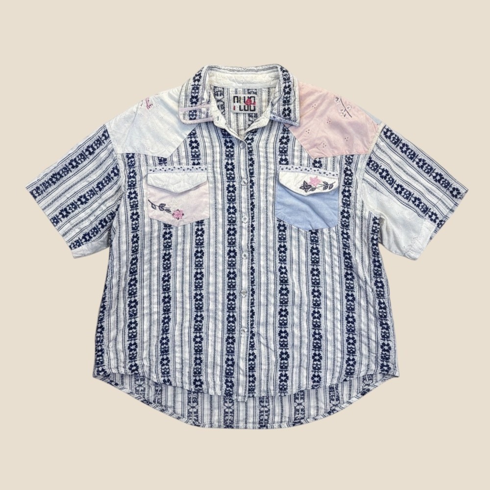 Vintage Button Down Shirt Pink Plus Size 18 Blue White Cotton Patchwork Boho‎